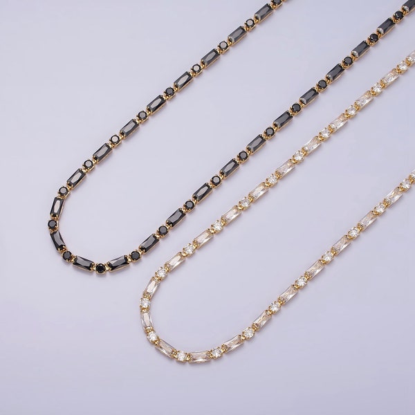 16K Gold Filled Tennis Chain Necklace Jewelry, Baguette Cut CZ Cubic Zirconia - Clear, Black, Checkered - 17 Inches with 2 Inch Extender