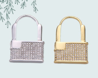 Padlock Design Hoop Earrings with Micro Pave Cubic Zirconia, Large Gold Plated Earrings, Gold or Silver, 1 Pair