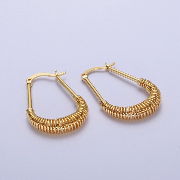 Spring Coil Wrapped Hoop Earrings, Swing Cradle Shaped Design, Modern Minimalistic Gold Plated Jewelry for Women, 1 Pair