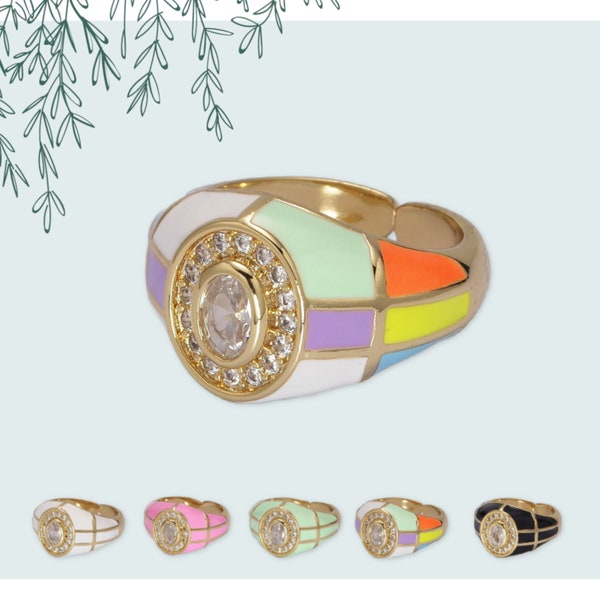 Dome Cocktail Ring with Micro Pave CZ, Pastel Colored Enamel - Pink, Green, Black, White, Multicolored - Chunky Adjustable Gold Filled Band