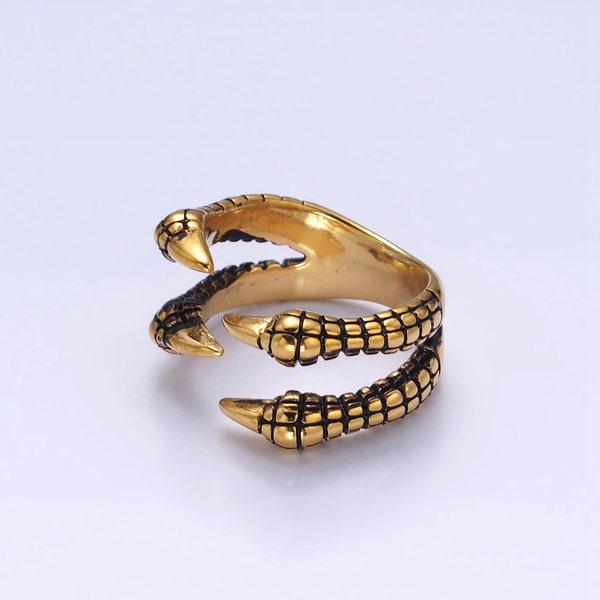 Dragon's Grip Statement Ring, Four Scaled Claws Design, Gold 3D Stainless Steel Fantasy Band for Men