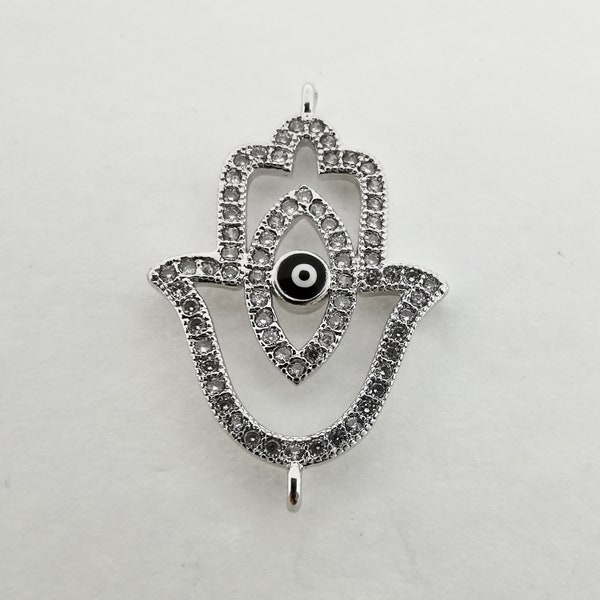 1pc 26x18mm Wholesale Metal Silver Hamsa Hand Connector with Micro Pave Cubic Zirconia, Charms for Bracelet Earring Making