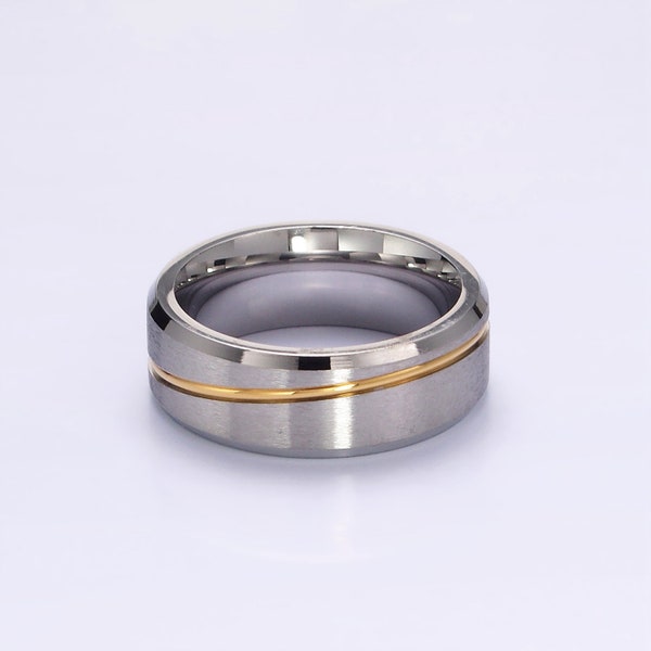 Mixed Metal Silver Tone Stainless Steel Stack Ring with Gold Tone Diagonal Cut, Modern Minimalistic Band for Men