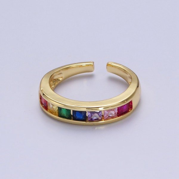 Rainbow Stack Ring, Multicolor Rectangular Baguette Cut CZ Cubic Zirconia, Dainty Open Adjustable Gold Filled Band