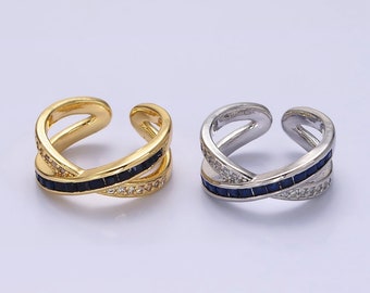 Crossing Bands Ring with Blue Baguette Cut CZ and Micro Pave Cubic Zirconia, Gold or Silver, Adjustable 24K or White Gold Filled Band