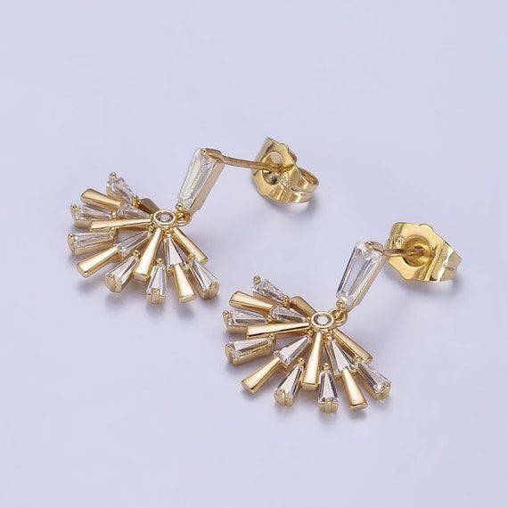 16K Gold Filled Baguette Fan Drop Dangle Clear Stud Earrings in