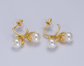 White Pearl Flower Buds Dangle Drop Stud Earrings, 24K Gold Plated Nature Jewelry for Women, 1 Pair