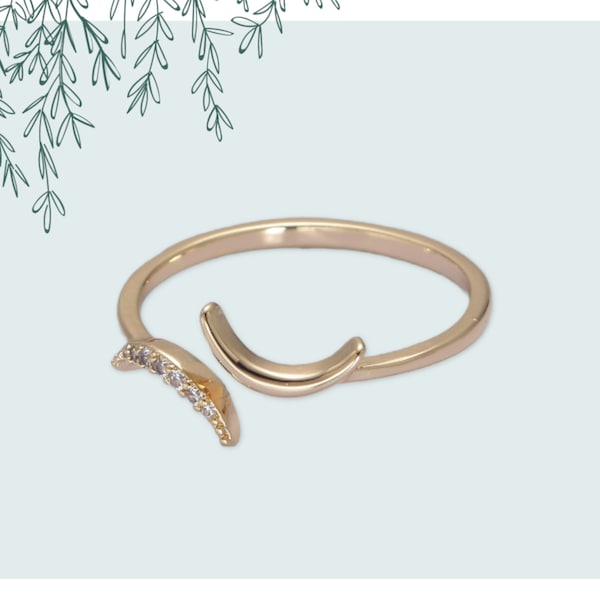 Double Crescent Moon Design Stack Ring with Micro Pave CZ Cubic Zirconia, Thin Dainty Open Adjustable 16K Gold Filled Celestial Band