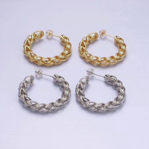 Braided Design Open Hoop Stud Earrings, Gold or Silver, Minimalistic 24K or White Gold Filled Boho Earring Jewelry, 1 Pair