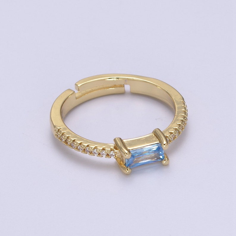 Cocktail Ring with Micro Pave CZ and Baguette Cut Colored Cubic Zirconia Green, Baby Blue, Purple Adjustable 24K Gold Filled Band Blue