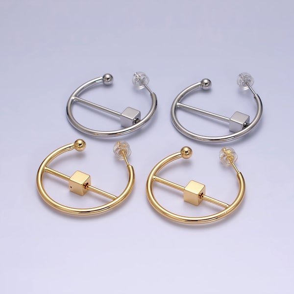 Gold or Silver Geometric Sliding Cube Design Open Hoop Stud Earrings, Modern Minimalistic 16K or White Gold Filled Jewelry, 1 Pair