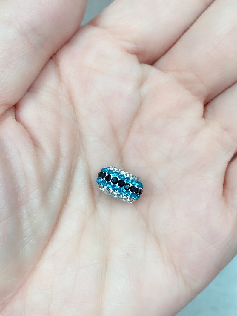 1pc 12x12x7mm Wholesale Round Bead with Micro Pave Rhinestones Silver and Blue Stripes Design Beads for Bracelet Necklace Anklet Making