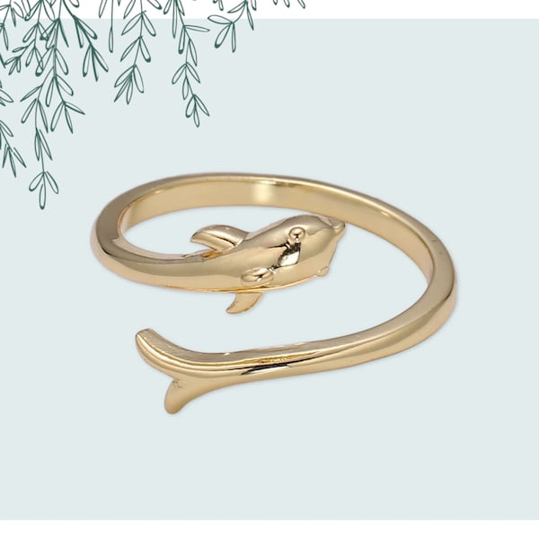 Dolphin Design Stack Ring, Open Adjustable Gold Filled Animal Band