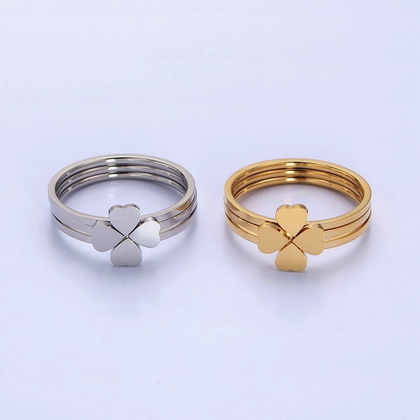 Hearts Clover Three Stacked Rings Set, Dainty Minimalistic 24K Gold or Silver Tone Stainless Steel Bands