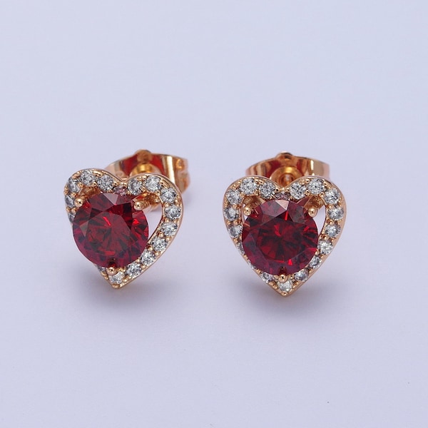 Heart Design Stud Earrings with Red Crystal Cubic Zirconia and Micro Pave CZ, 18K Gold Filled Valentine's Day Jewelry for Women, 1 Pair