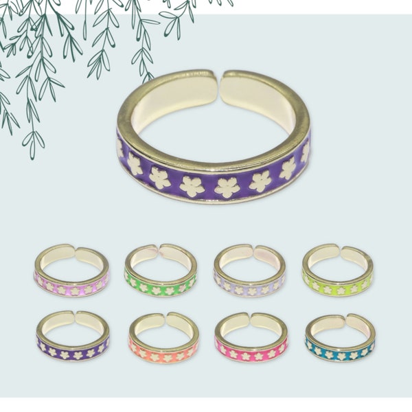 Flower Pattern Design Pastel Colored Enamel Stack Ring - Green, Pink, Orange, Purple, Teal, White, Yellow - Open Adjustable Gold Filled Band