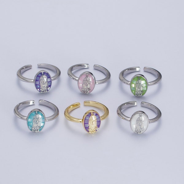 Gold or Silver Virgin Mary Stack Ring with Colored Opal Back - Purple, Blue, White, Pink, Green - 24K or White Gold Filled Religious Band