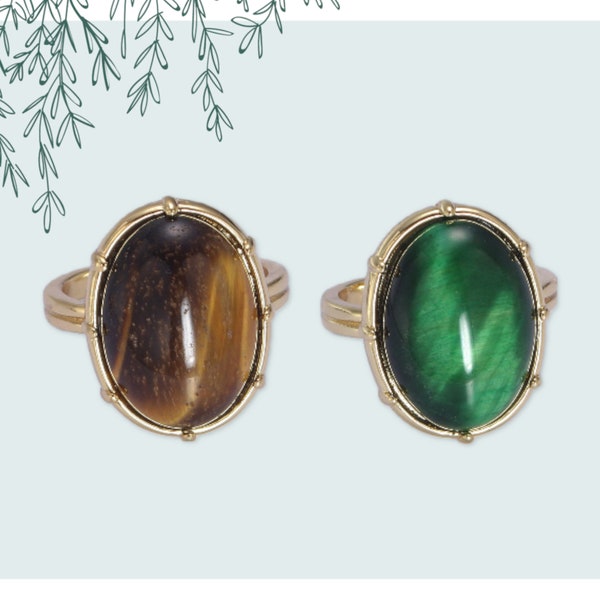 Tiger Eye Gemstone Design Stack Ring - Green or Brown - Minimalistic Open Adjustable Gold Filled Band, Solitaire Oval Gem Stone Design