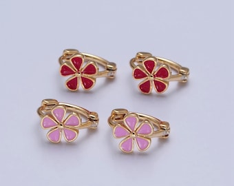 Flower Design Huggie Hoop Earrings, Colored Enamel - Pink or Red - Small Dainty 18K Gold Filled Earring Jewelry for Women, 1 Pair