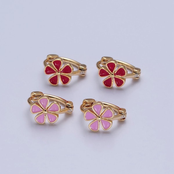 Flower Design Huggie Hoop Earrings, Colored Enamel - Pink or Red - Small Dainty 18K Gold Filled Earring Jewelry for Women, 1 Pair