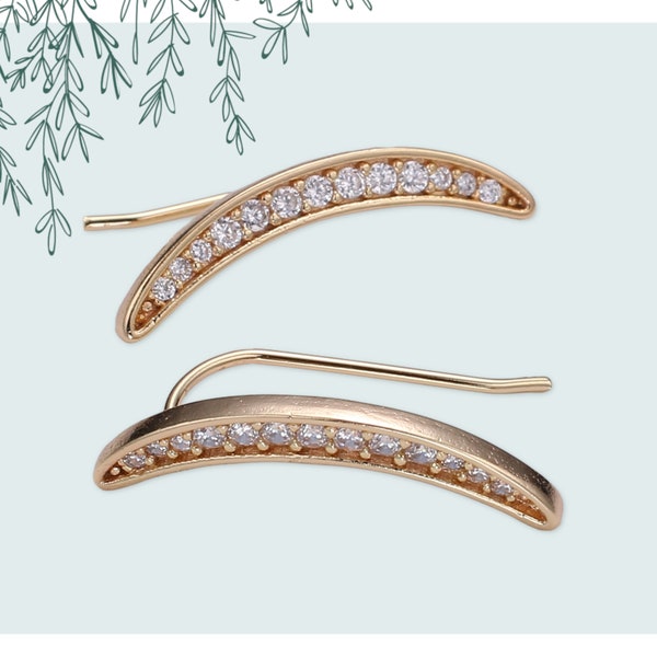 Crescent Moon Ear Climbers with Micro Pave Cubic Zirconia, 18K Gold Plated Sterling Silver Earrings, 1 Pair