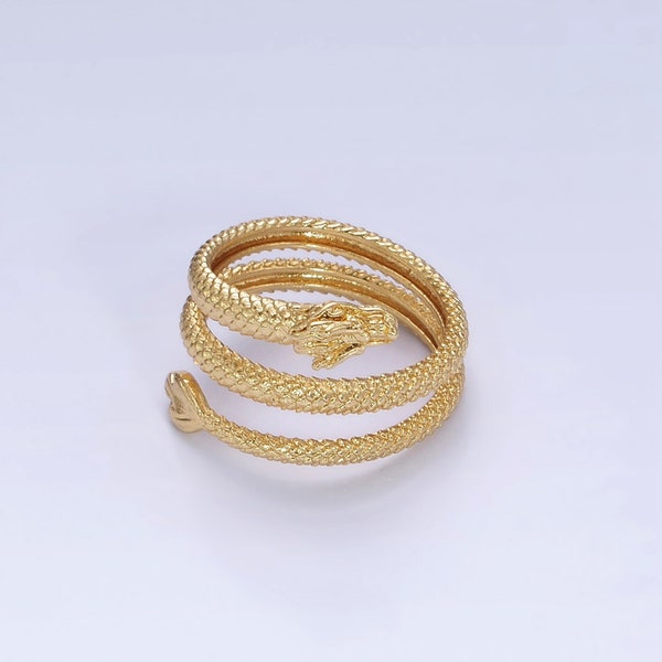 Gold Year of the Dragon Stack Ring, Scale Textured, Open Adjustable Triple Band Wrapped 14K Gold Filled Chinese Zodiac Statement Ring