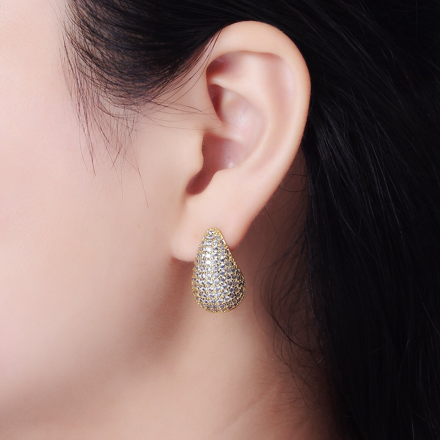 Gold or Silver Teardrop Dome Stud Earrings, Micro Pave CZ