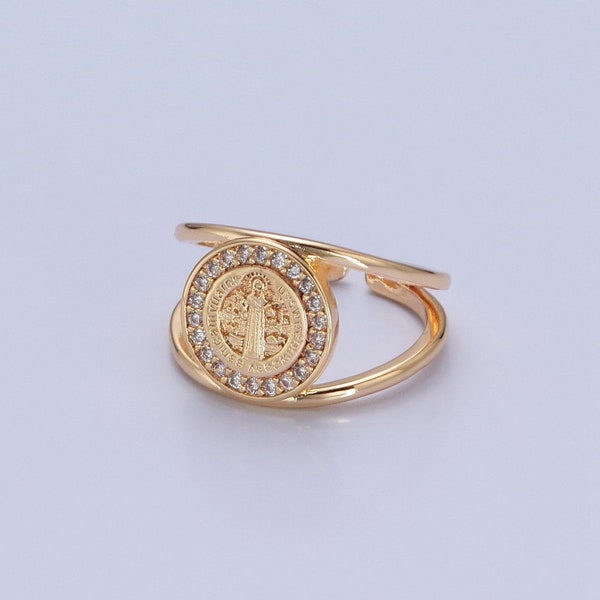 Saint Benedict Signet Ring, Circle Coin Between Double Band Design, Open Adjustable 16K Gold Filled Religious Christian Band