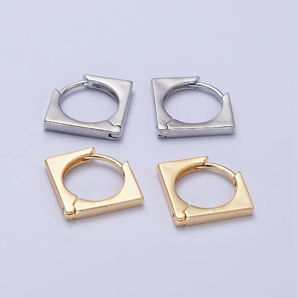 Rhombus Square Design Huggie Hoop Earrings, Gold or Silver, Dainty Geometric Gold Plated Jewelry, 1 Pair