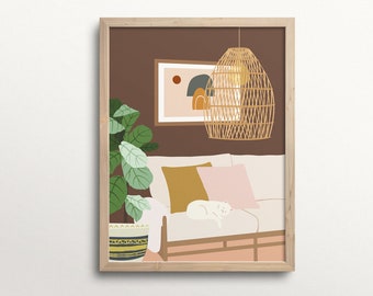 Boho Home Wall Art Printable | Cozy Interior Poster | Boho Room Decor | Houseplants Wall Art | Bamboo Rattan Lamp and Sleeping Cat