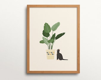 Boho Cat And Plant Wall Art Printable | Cat Poster | Cat Illustration | Cat Wall Decor | Cat Lovers Gift | Houseplant Wall Art