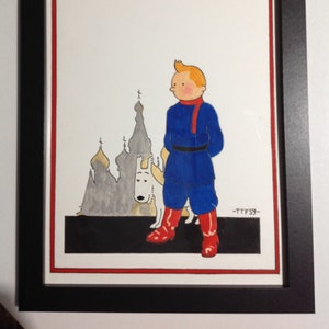 tintin: pintura en acuarela, marco negro, cómic Tintin en el país de los soviéticos, formato A4, regalos, cumpleaños, navidad, decoración, hecho a mano.