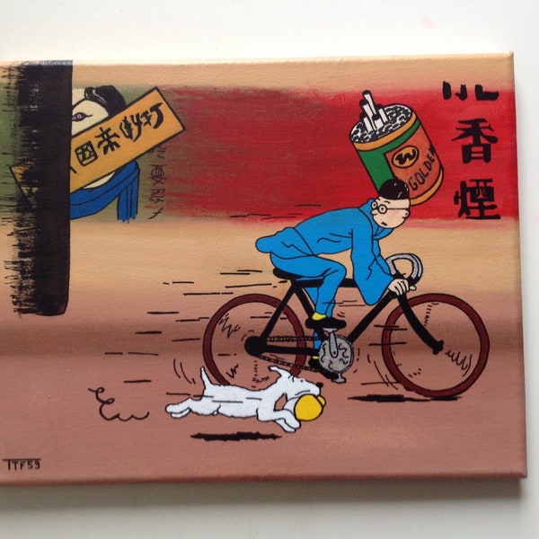 Tintin et milou, peinture acrylique sur toile tendue encadrement bois, le lotus bleu, vélo, décoration, tableau, collection, anniversaire