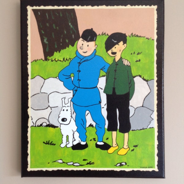 Tintin, peinture sur toile, photo souvenir d'Asie, Tchang, milou, album BD Le Lotus bleu, acrylique, cadeaux, anniversaire, collection