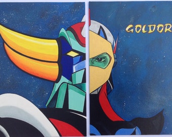 Goldorak, Actarus, Gemälde auf Karton-Leinwand, Komposition aus 2 Leinwänden, Geschenke, UFO Robo Grendizer, einzigartiges handgefertigtes Stück, Acryl.