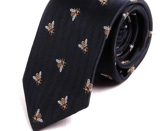 Navy Blue Bumblebee Pattern Tie 7.5cm, Gift for Him