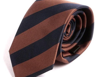 Brown & Navy Blue Slim Stripe Tie, Gift for Him