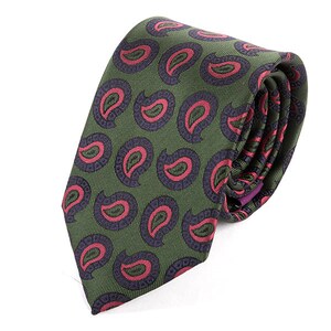 May include: A green paisley patterned tie with pink and purple accents.