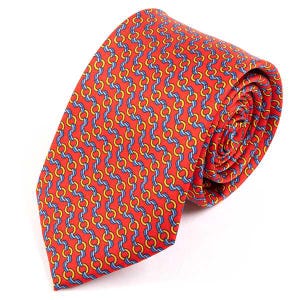 May include: A red silk tie with a repeating pattern of blue and yellow chain links.