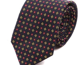 Men's Tie, Dark Navy Blue & Yellow Floral Printed Silk Tie