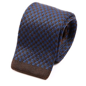 Silk Knit Tie Brooks Blue & Brown Silk Knitted Tie, Silk Tie Man
