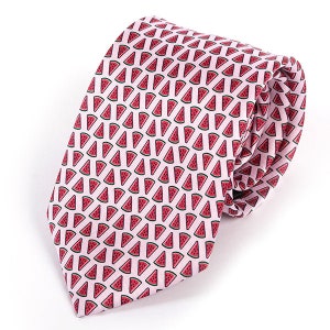 May include: A pink silk tie with a repeating pattern of red watermelon slices.