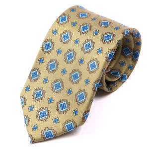 May include: A gold tie with a blue and orange geometric pattern.
