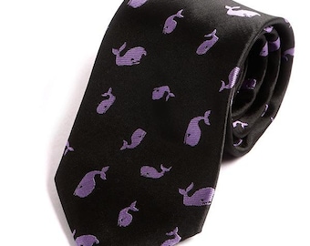 Black Tie with Purple Whale Motif, Gift for Him