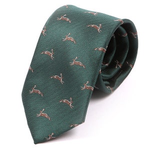 May include: A green silk tie with a repeating pattern of brown rabbits. The tie is folded and tied in a knot.