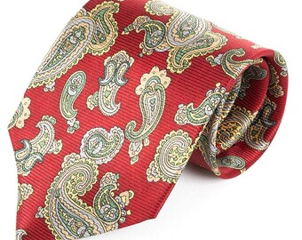 May include: A red paisley tie with a repeating pattern of green, yellow, and gray teardrop-shaped designs. The tie is made of a textured fabric and is knotted at the top, showcasing the intricate pattern. The tie is a classic accessory.