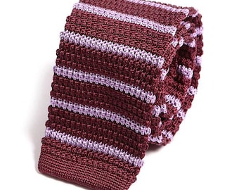 Red Silk Tie Knitted With Purple Striped, One of One