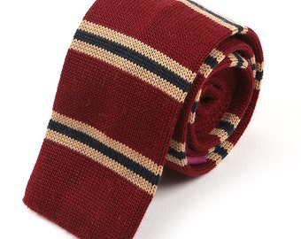 Burgundy Red Striped Knit Wool Tie, Groomsmen Gifts