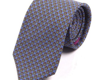 Men's Tie, Blue Floral Macclesfield Printed Silk Tie 7.5cm