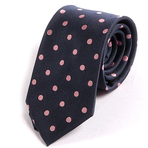 Mens Tie Navy Blue Tie with Pink Polka Dots, Gift for Him